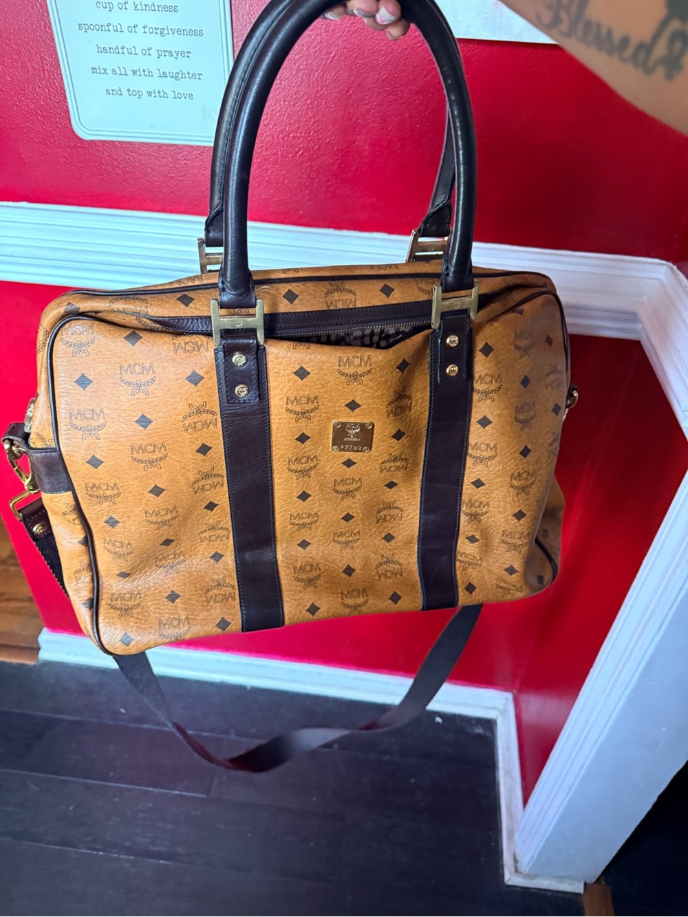 MCM Cognac Monogram Leather-Trim Laptop Briefcase with Dark Brown Accents